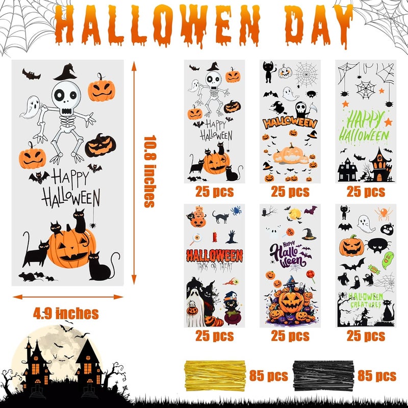 Twavang 150 Pcs Halloween Cellophane Treat Bags, Halloween Trick or Treat Goodie Bags with 170 Pcs Twists for Snacks Cookies Packing (10.8 x 4.9 inches) - Image 2